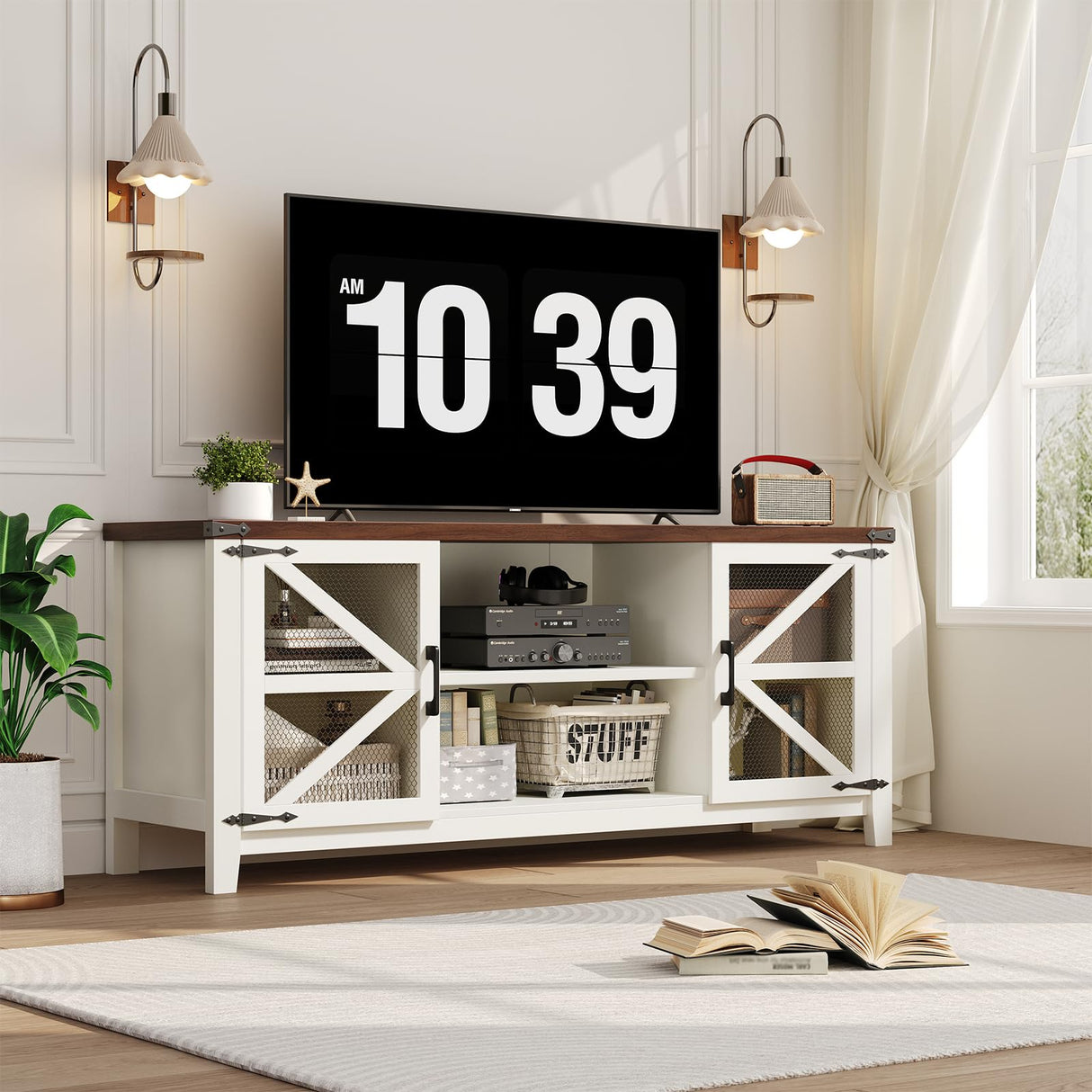 TV Stand for 65 Inch TV, Farmhouse Entertainment Center with Storage and Shelves, Industrial TV Stand with Mesh Door, White TV Media Console Cabinet Furniture for Living Room, Bedroom (White, 58 Inch) Jocoevol