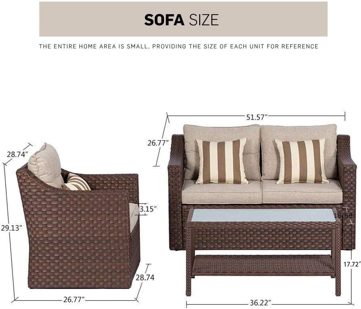SOLAURA Outdoor Patio Furniture Set 7-Piece Brown Wicker Conversation Furniture Set Patio Lounge Chairs with Ottoman & Loveseat with Glass Coffee Table (Pillow Included) SOLAURA