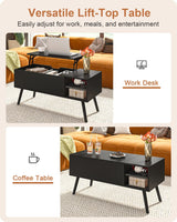 ALINE FURNITURE Coffee Table Lift Top - Black Lift Top Coffee Table with Hidden Compartment Storage - Lift Up Coffee Table - Wood Coffee Tables for Living Room ALINE FURNITURE