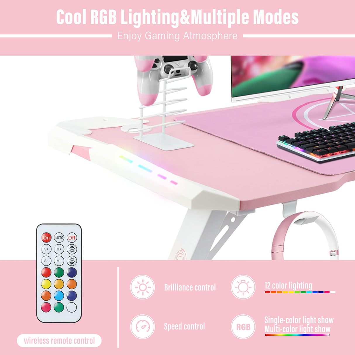 YOUTHUP Gaming Desk with LED Lights, 55 Inch Z Shaped Game Desk for PC Gamer, Ergonomic Racing Style Computer Table Workstation with Remote Control, Headphone Hook, Cup Holder, Handle Rack, Pink YOUTHUP