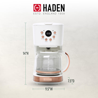 Haden Coffee Machine, 12 Cup Programmable Drip Coffee Maker with Auto Shut-Off Function and Reusable Washable Water Filter, Ivory & Copper