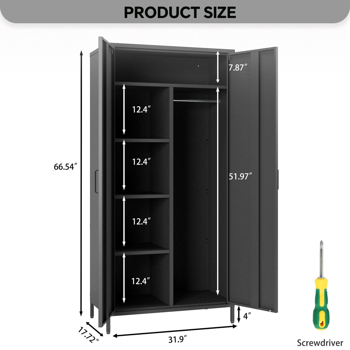 MIOCASA Metal Armoire, Wardrobe Closet Cabinet with Hanging Rod and 4 Shelf Steel Storage Locker Clothes Organizer for Bedroom, Changing Room, Laundry Room, Office (Black) MIOCASA