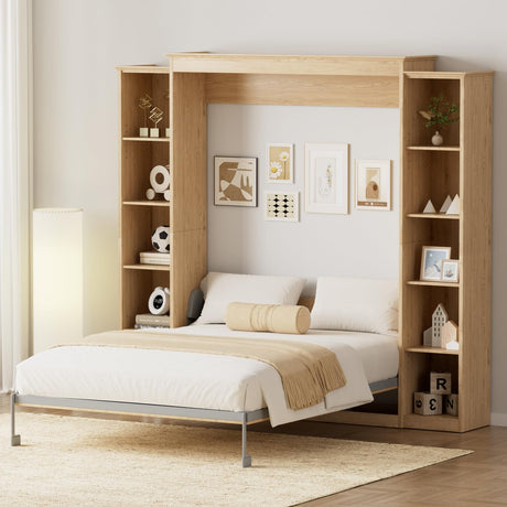 Queen Murphy Bed with Storage Bookcase & 4 Adjustable Shelves,Foldable Space-Saving Queen Wood Wall Bedframe with Metal Legs,Hidden Bedframe for Guest Room,Study,Home,Office,Bedroom,Natural Wood Color BEQAI