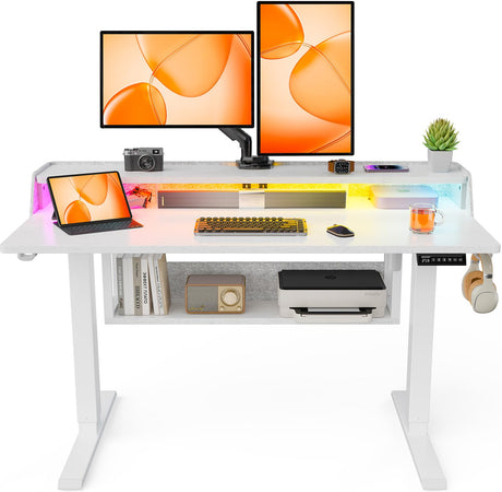 ErGear Standing Desk, 48x24 Inch Electric Standing Desk with Shelves, Height Adjustable Desk with Monitor Stand and Storage, Gaming Sit Stand Up Desk with LED Light for Home Office, White ErGear