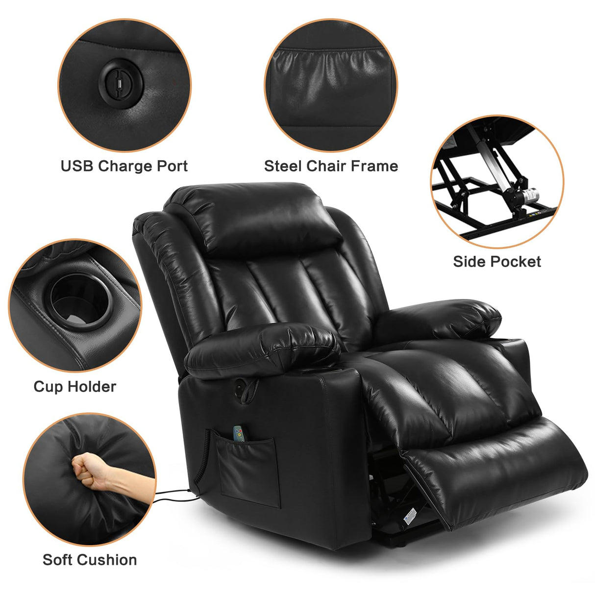 PARKOL Power Lift Recliner Chair for Elderly Breathable Leather Recliner Chair with Massage and Heat,2 Cup Holders,Electric Stand Assist,USB Ports,Gifts for Family (Black) PARKOL