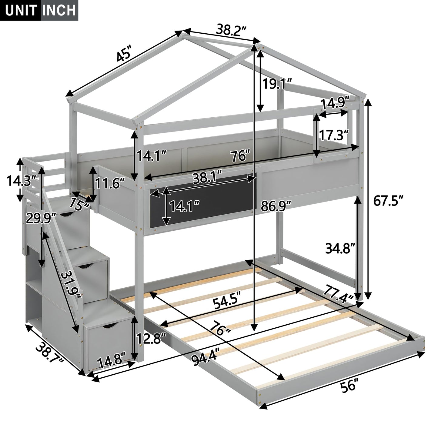 Harper & Bright Designs House Bunk Bed with Stairs,Twin Over Full Bunk Beds with Blackboard,Wood Kids Floor Bunk Bed Frame with Storage Shelves,Space-Saving Design, Gray