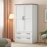 HOOBRO Armoire Wardrobe Closet with 2 Doors and 2 Drawers, 70.9" Tall Bedroom Armoire with Hanging Rod, Farmhouse Wardrobe Closet for Bedroom, Freestanding Clothing Storage Cabinet, White and Walnut HOOBRO