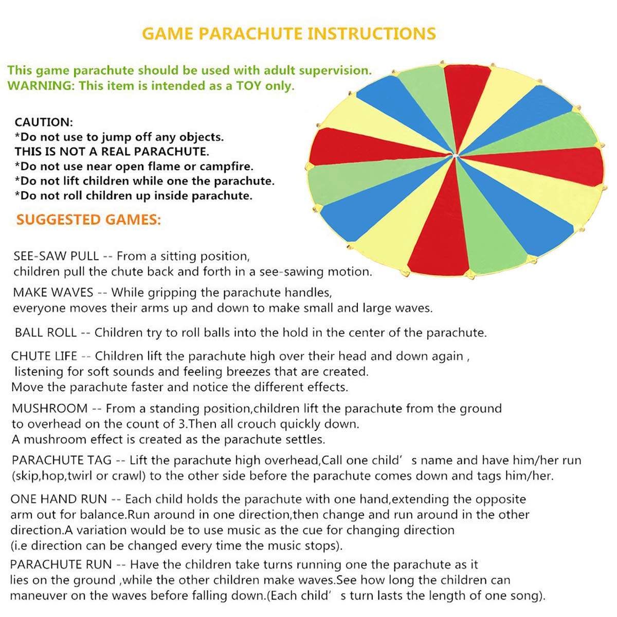 Sonyabecca Parachute, Play Parachute 10ft 12ft 16ft with 12 Handles 20ft 24ft with 16 Handles for Kids Cooperation Group Play Sonyabecca