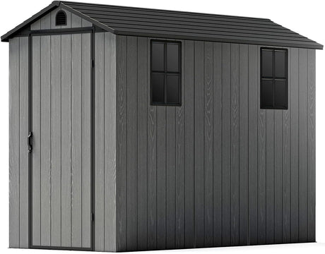 Patiowell 4x8 FT Outdoor Storage Shed with Floor & Windows, Lockable Resin Tool Shed for Garden, Backyard, Patio, and Lawn Equipment - Easy Assembly, All-Weather Protection, Gray (Fit-it Shed) Patiowell
