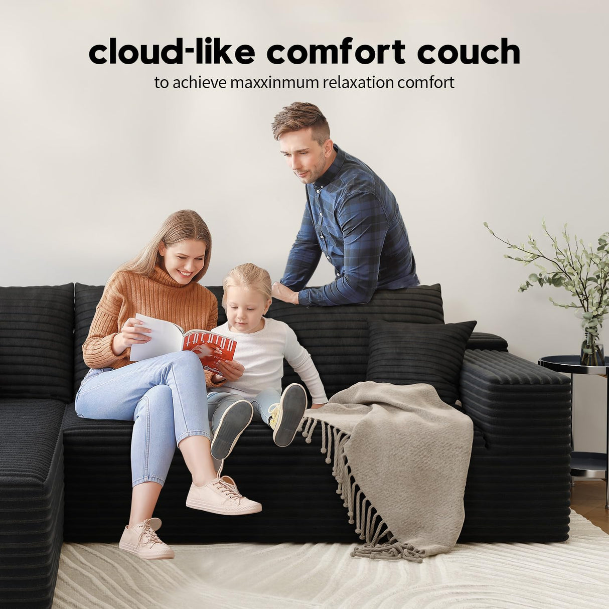 107.5" Cloud Modular Sectional Sofa with 1 Ottoman,Modern Minimalist Upholstered Couches, Comfort U Shaped Sofa for Living Room,Deep Seat Corner Couch，No Assembly Required (Black,Right Facing Chaise) Settab