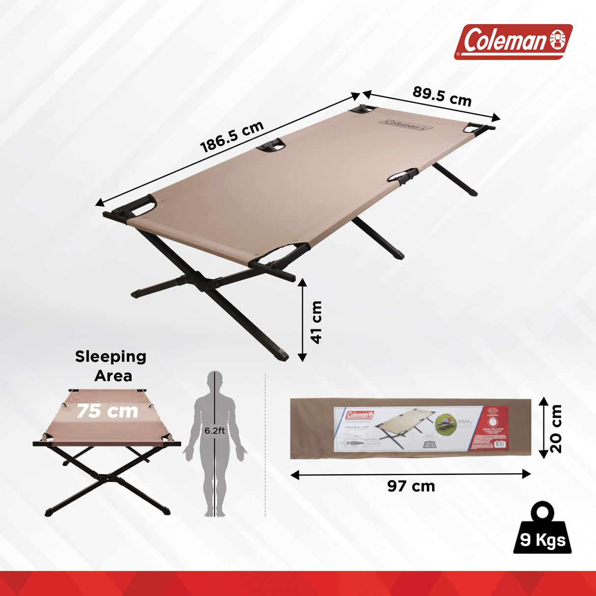 Coleman Trailhead II Large Folding Cot with Easy Setup & Takedown, Supports Adults up to 6ft 2in or 300lbs, Great for Camping, Lounging, Elevated Sleeping, Guests, & More Coleman