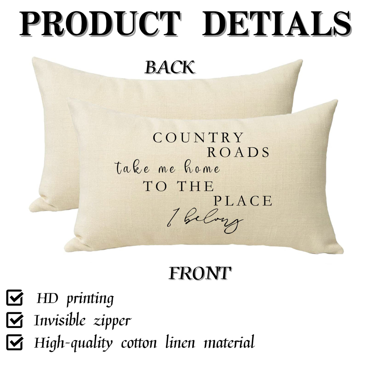 Ussap Lumbar Country Roads Take Me Home Christmas Rectangle Decorative Throw Pillow Cover, Rustic Quote Home Farmhouse Decoration, Housewarming Gift Cushion Case for Sofa Decor Cotton Linen 12 x 20 Ussap