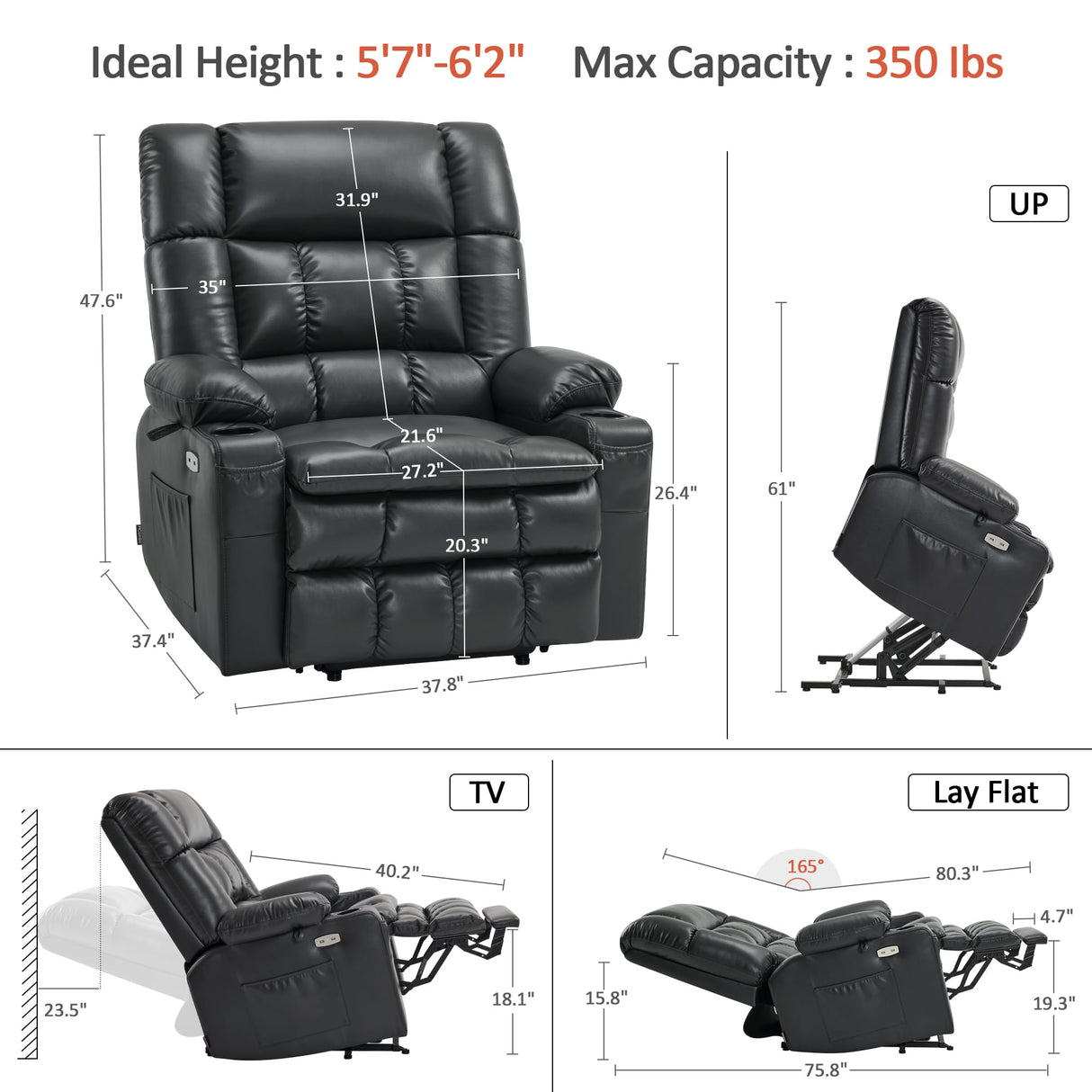 MCombo Dual Motor Power Lift Recliner Chair for Elderly, Lay Flat Lift Chair with Heat and Massage, Oversized Lift Recliner for Big and Tall, Faux Leather R7891 (Black, Oversized) MCombo