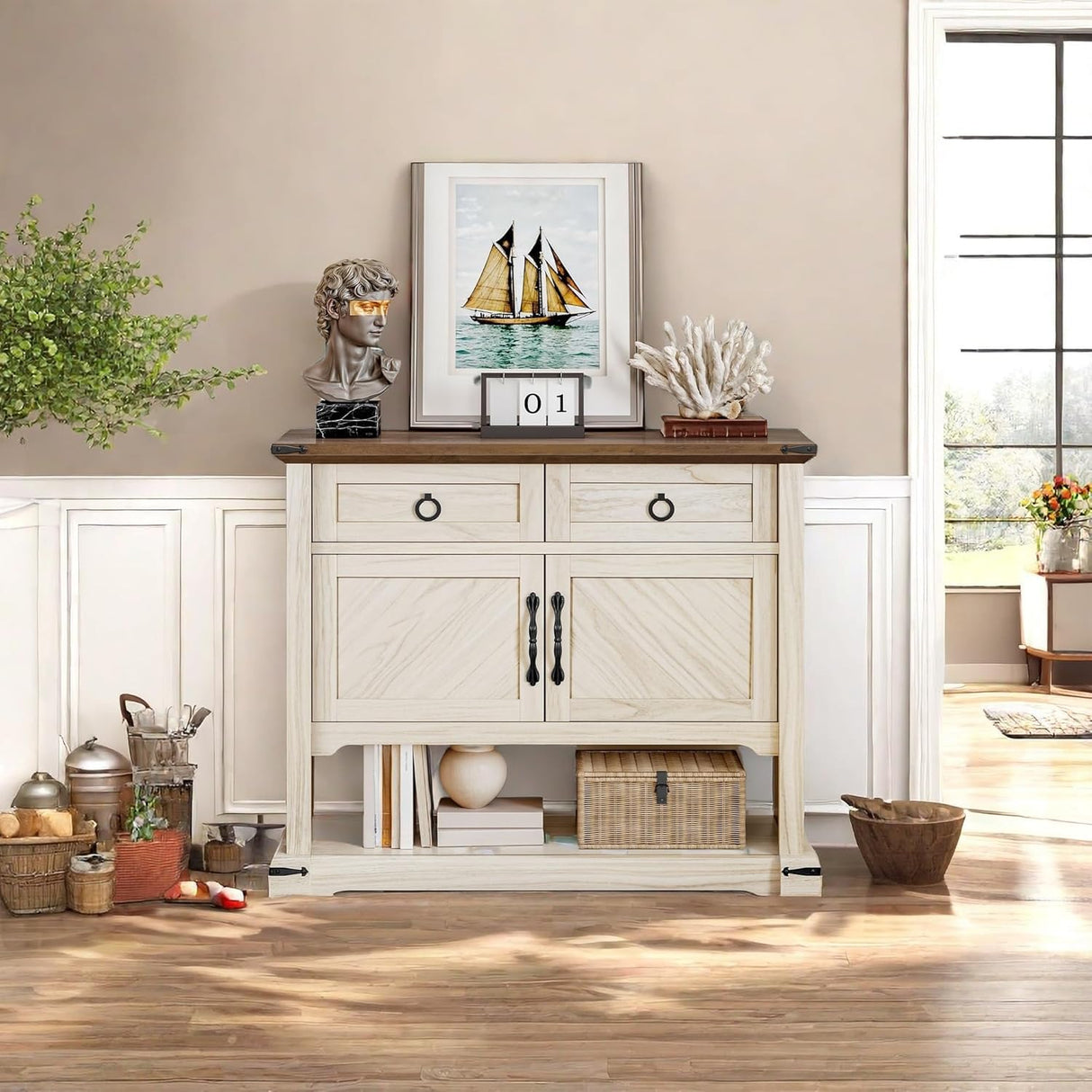 YITAHOME Farmhouse Console Table with 2-Door & 2 Drawers Cabinet, Coffee Bar, Table with Storage Shelf, Sofa Tables Buffet Sideboard for Kitchen, Entryway, Hallway, Dining, Living Room YITAHOME