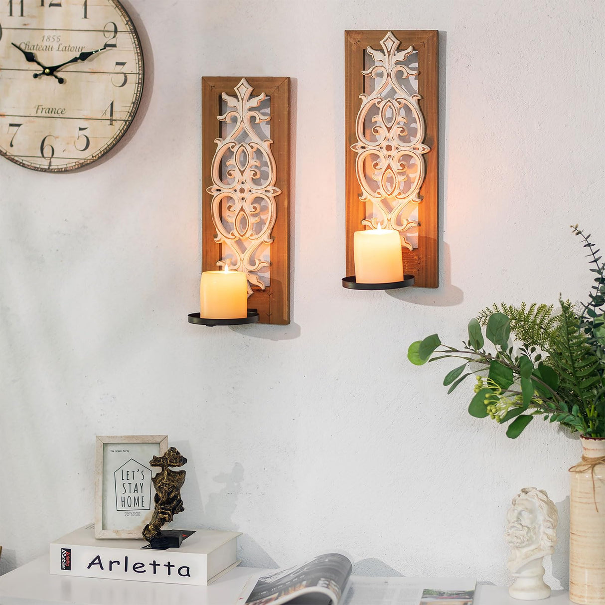 Rustic Wood Candle Sconces Wall Decor - Set of 2 Walasis Farmhouse Wall Candle Holder Decorative Carved Brown Candle Sconce Art Distressed Pillar Candles Holder for Fireplace Decor Walasis