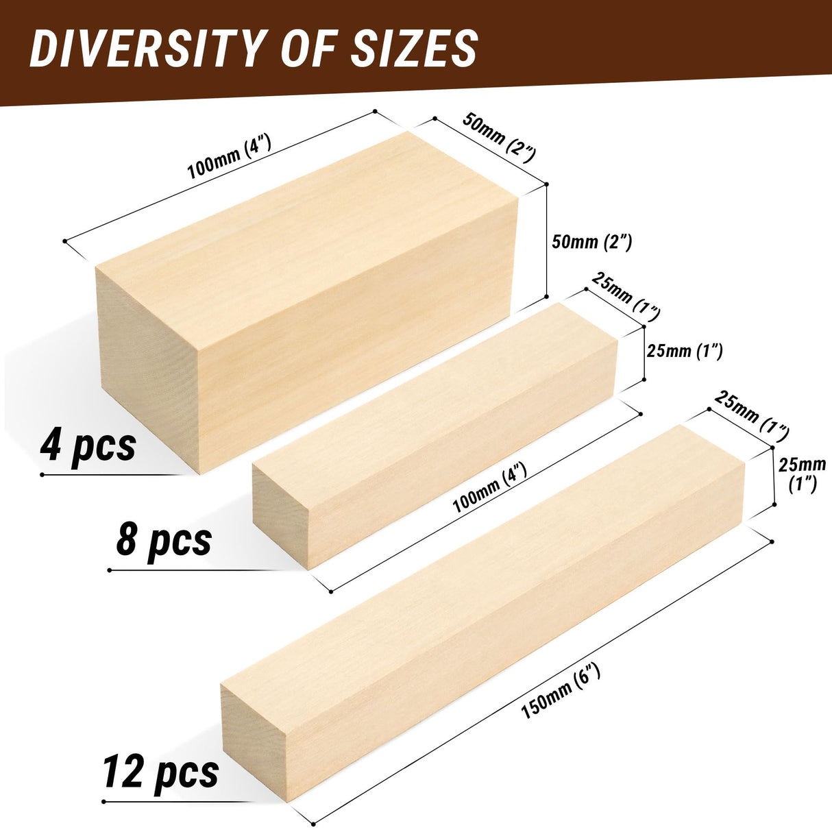 BeaverCraft Basswood Carving Blocks BW24 pcs Whittling Wood Basswood for Carving - Large Wood Carving Blocks 6"х2" Wooden Blocks for Crafts Bass Wood Blank Blocks for Wood Carving - Soft Craft Wood BeaverCraft