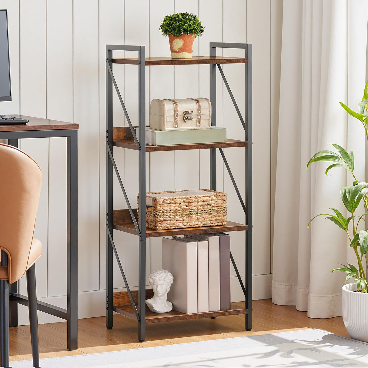 HOOBRO Bookshelf, 4-Tier Industrial Bookcase, Book Shelf Storage Organizer, Small Bookshelf with Metal Frame for Living Room, Bedroom, Home Office, Kitchen, Rustic Brown and Black BF40SJ01 HOOBRO