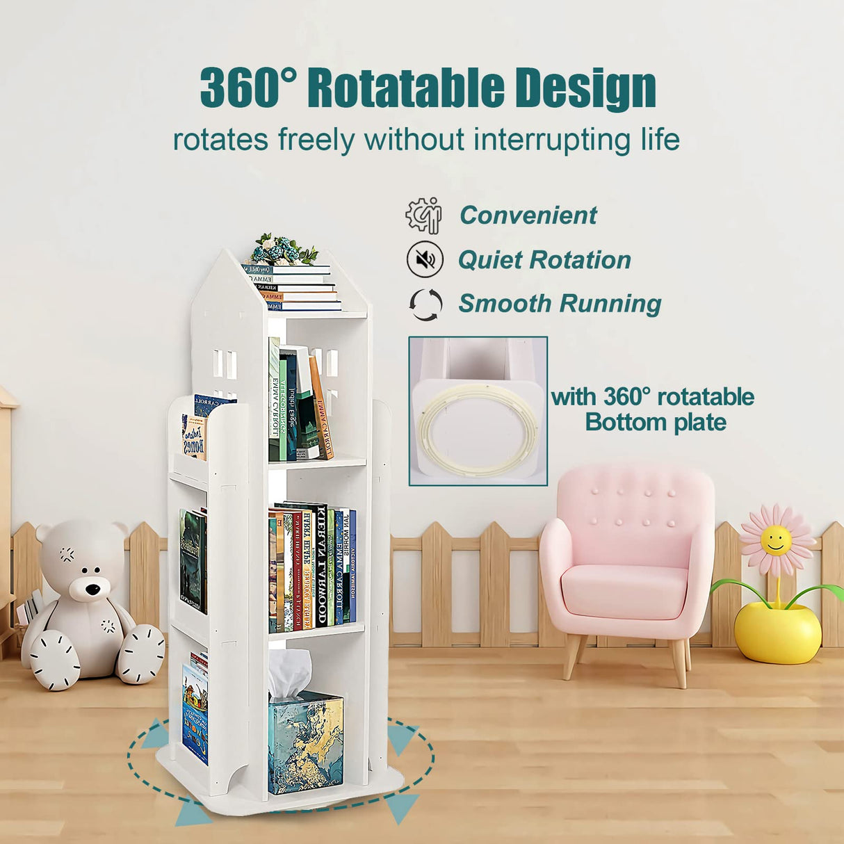 Foriy 3-Tier Rotating Children's Bookshelf - 360° Floor Stand Book Organizer in White foriy