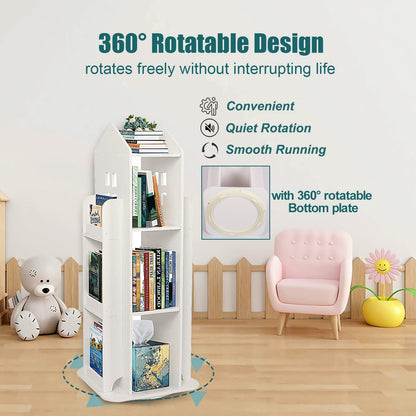 Foriy 3-Tier Rotating Children's Bookshelf - 360° Floor Stand Book Organizer in White - WoodArtSupply