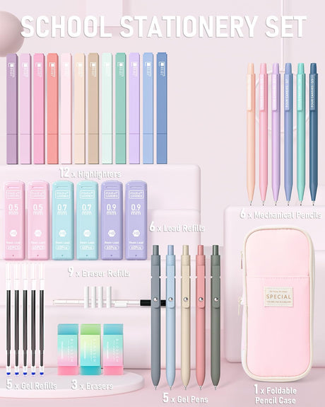 Four Candies 39 PCS Aesthetic School Supplies with Cute Pen Case, 12 Pastel Highlighters, 5 Black Ink Gel Pens, 6 Mechanical Pencils Set 0.5 & 0.7 mm for Students Stationary College Essentials (Pink) Four Candies