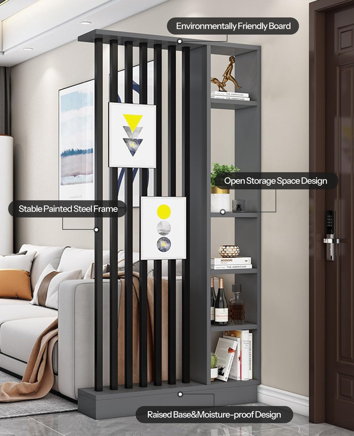 Wall Room Divider, Storage Cabinet Storage Display with Shelves, Modern Freestanding Wood Room Divider Screen, Wall Privacy Screens for Home Decorative (Grey,39.5" L x 9.5" W x 79.5" H) Kavie