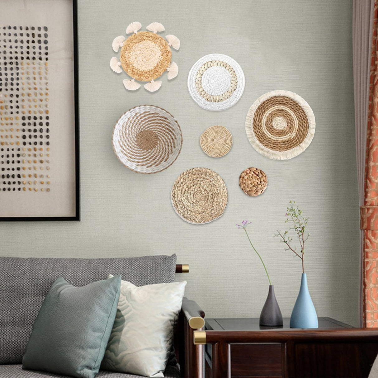 7 Pack Boho Wall Basket Decor - Seagrass Rattan Wicker Wall Decor Round Handmade Hanging Rustic Flat Elegant Wall Art for Farmhouse Living Rooms Bedrooms Display Table Settings Kitchen Home Dimpola
