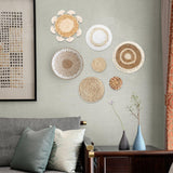 7 Pack Boho Wall Basket Decor - Seagrass Rattan Wicker Wall Decor Round Handmade Hanging Rustic Flat Elegant Wall Art for Farmhouse Living Rooms Bedrooms Display Table Settings Kitchen Home Dimpola