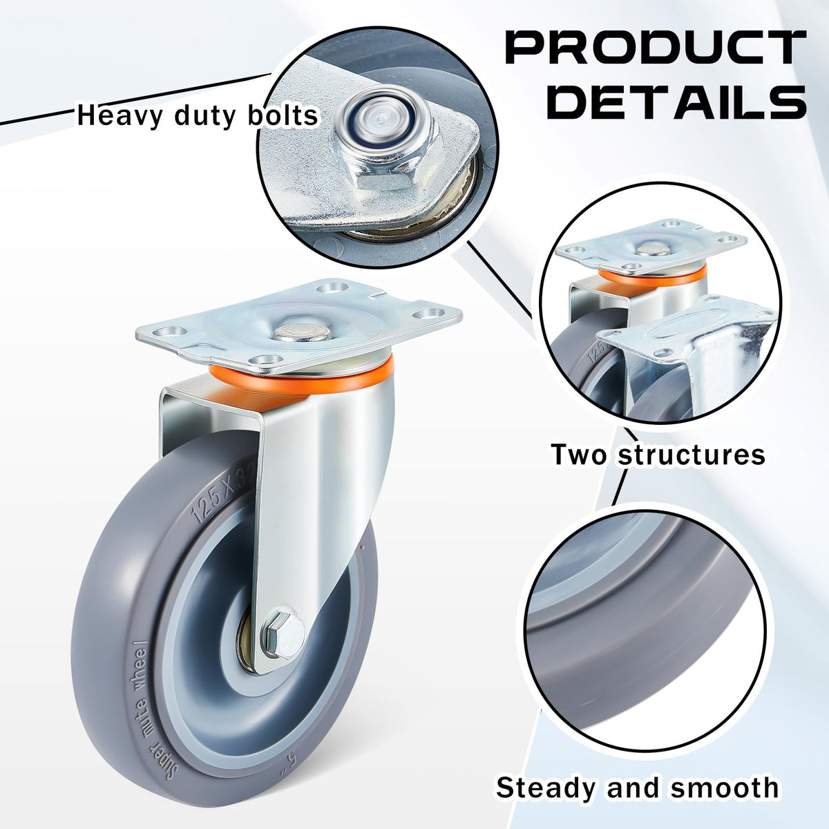 Sacubee 5 Inch Casters Replacement Kit Heavy Duty Non Marking Wheel TPR Rubber Silent Wheels, Includes 4 Swivel and 4 Rigid Casters(8 Pcs) Sacubee