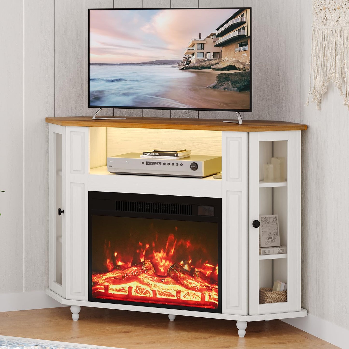 4 EVER WINNER Fireplace TV Stand Corner with LED Lights, Glass Doors, Farmhouse Fireplace Entertainment Center with Adjustable Storage Cabinets, TV Console with Fireplace for Living Room, White