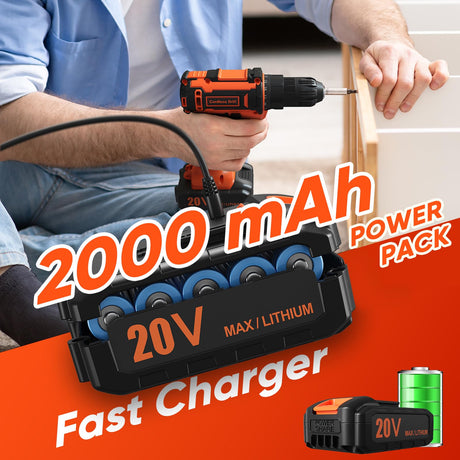 Cordless Drill Set, 20V Power Drill with Power Pack 2.0Ah and Charger, 3/8-Inch Keyless Chuck Electric drill, 25+1 Position, 42pcs Drilldriver Bits/Screws for DIY Projects (Orange) VIWKO