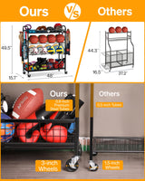 EXTCCT Garage Sports Equipment Organizer - Rolling Ball Storage Bin with Wheels, Garage Sports Gear Rack Outdoor Basketball Racks for Balls with Baseball Bat Holder and Hooks, Toy Organizer EXTCCT