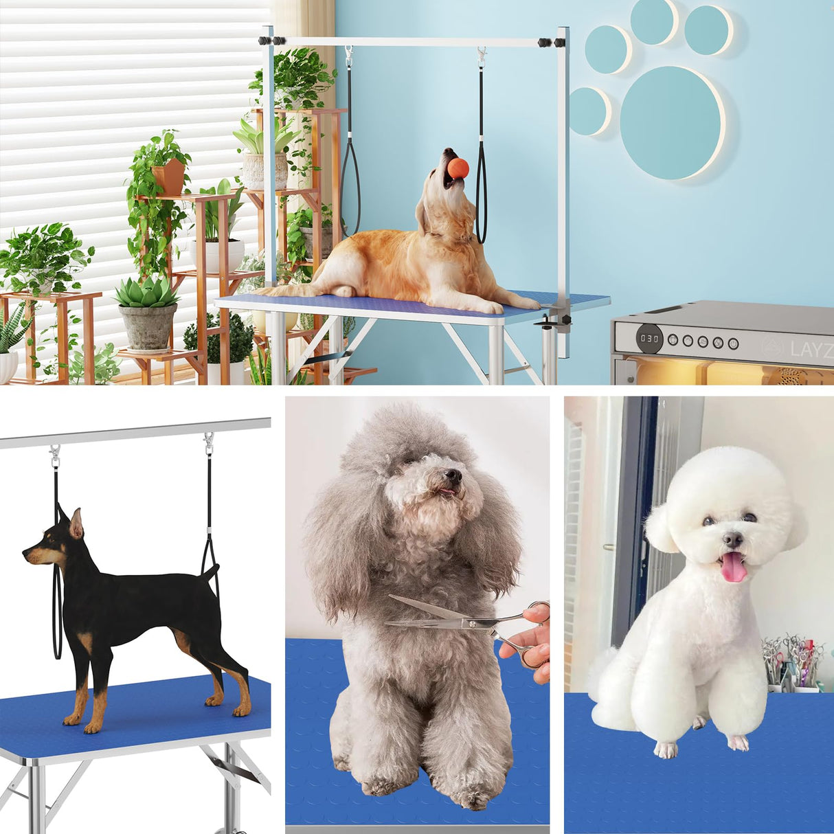 GarveeHome 36" Dog Grooming Table,Portable Trimming Table Drying Table,Foldable Home Pet Bathing Station with Adjustable Height Arm,Nooses, Mesh Tray Blue GarveeHome