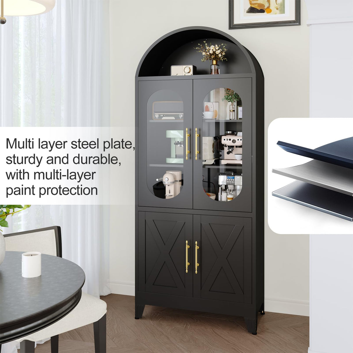 erosoei 73" H Metal Tall Arched Kitchen Pantry Cabinet, Modern Farmhouse China Storage Cabinets with Glass Door and Adjustable Shelves, Versatile Cupboard for Kitchen, Dining Room, Bathroom (Black) erosoei