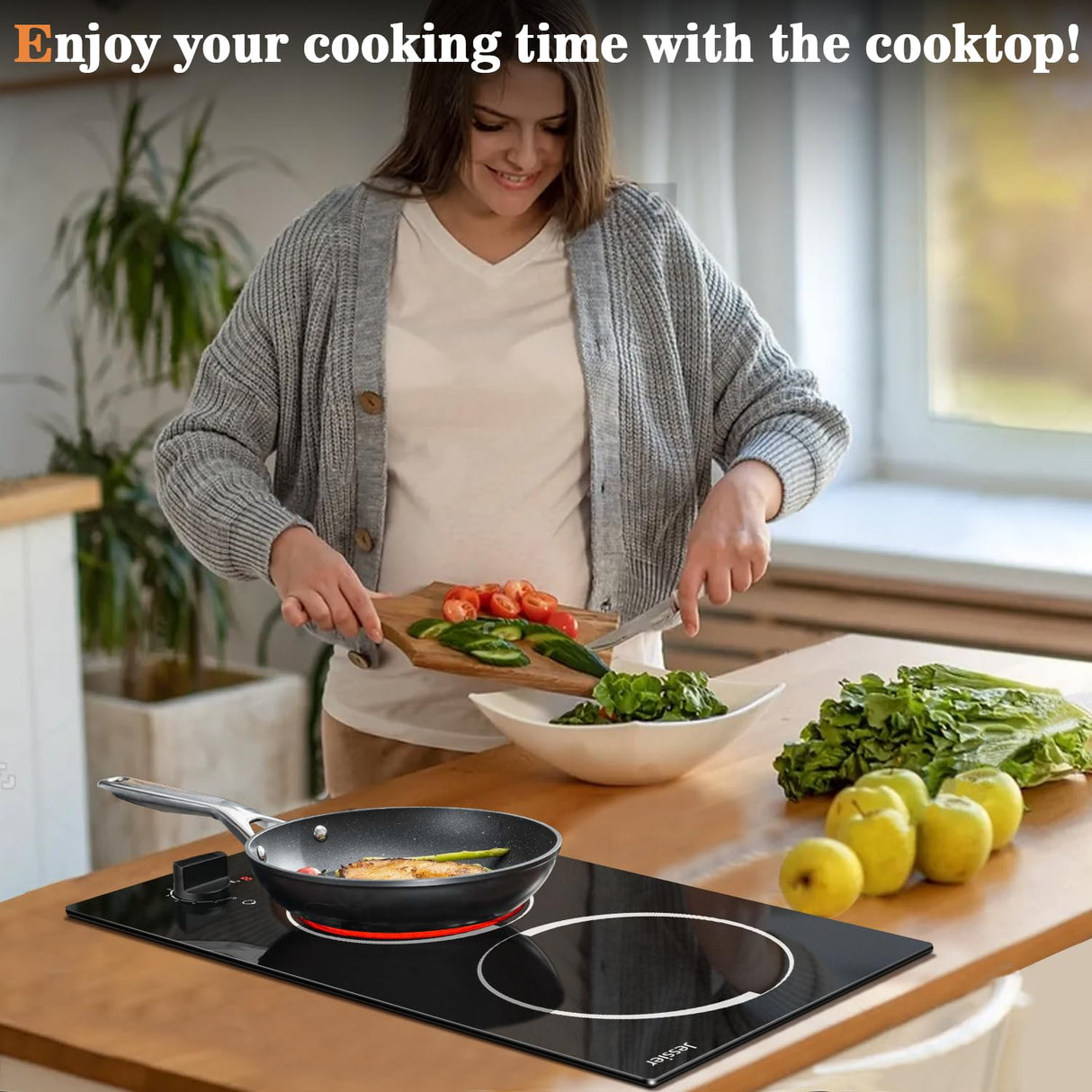 Jessier 2 Burner Electric Cooktop - 12 Inch Plug in Portable 110V Electric Cook Top, Built-in & Countertop Ceramic Stove Top with Knob Control, 9 Power Levels and Overheat Protection Jessier