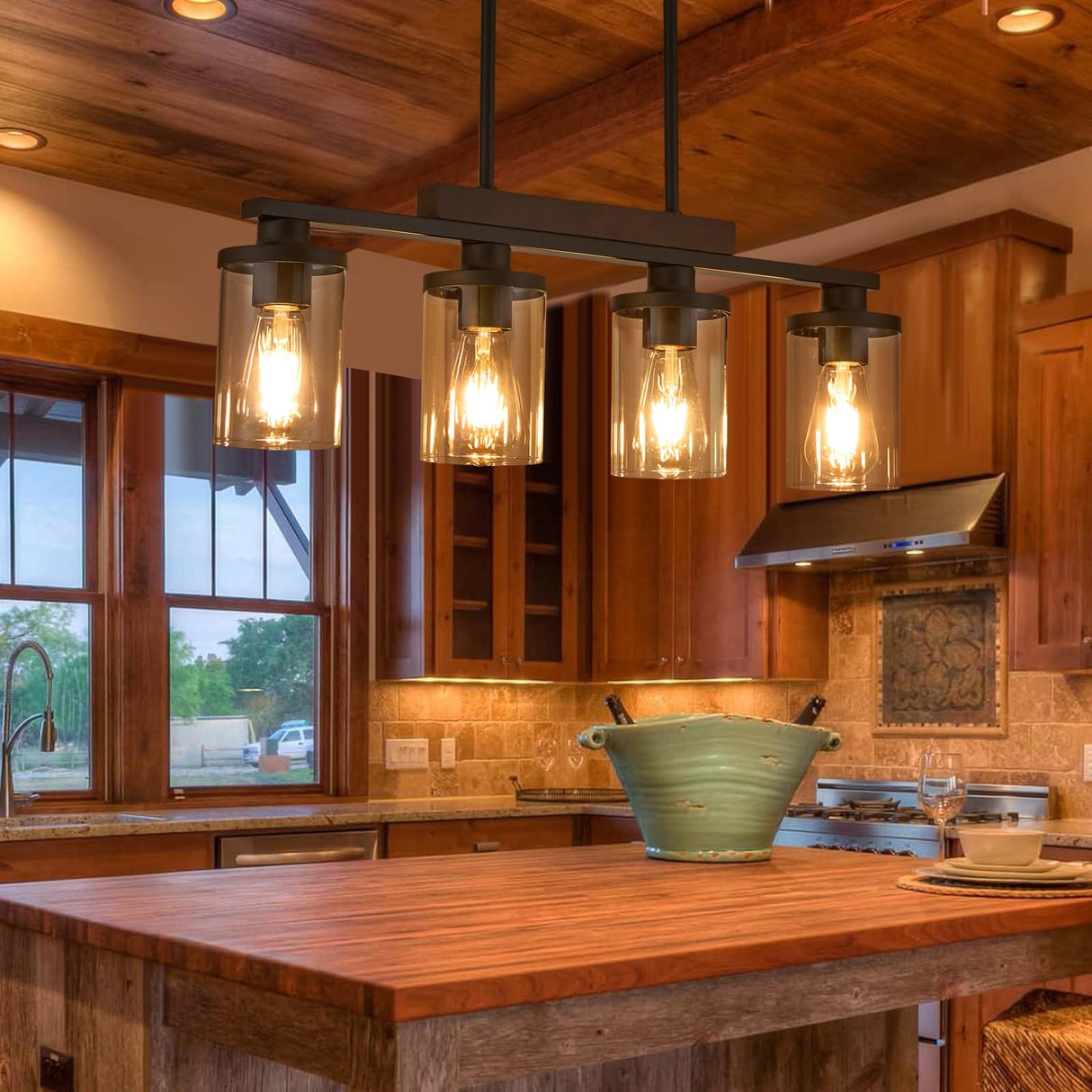 Wood Kitchen Island Lighting,4-Light Farmhouse Dining Room Light Fixture Matte Black Modern Chandeliers for Dining Room Over Table Hanging Pendant Light with Glass Shade for Bar Restaurant TWIG