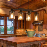 Wood Kitchen Island Lighting,4-Light Farmhouse Dining Room Light Fixture Matte Black Modern Chandeliers for Dining Room Over Table Hanging Pendant Light with Glass Shade for Bar Restaurant TWIG