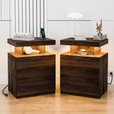 HOMMPA Set of 2 LED Nightstands with Wireless Charging Station Dark Walnut Bedside Table with Led Light Smart Nightstand USB Port 3 Drawers Night Table Mid Century Wood Night Stand Tall for Bedroom HOMMPA