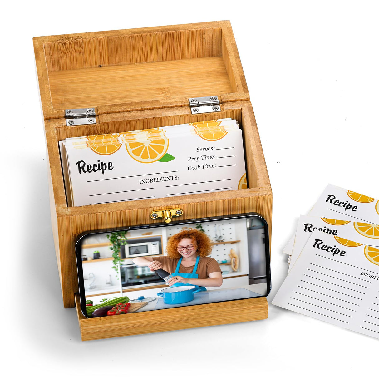 Youeon Bamboo Recipe Box with Cards and Dividers and Pull out Phone Holder, 7 x 4.2 x 5.8 in Kitchen Recipe Card Organizer with 100 Recipe Cards 4"x6", Rustic Recipe Holder, Kitchen Gift Youeon
