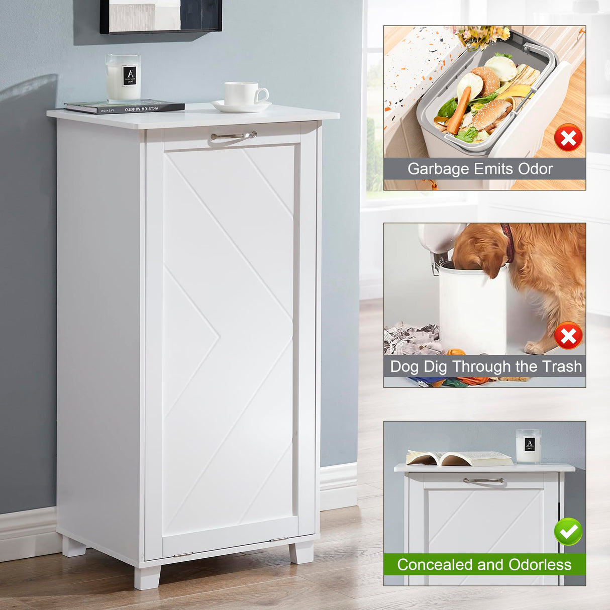 VECELO Tilt Out Kitchen Trash Bin Cabinet, Dog Proof Garbage Can with Wood Holder Free Standing Recycling, White VECELO
