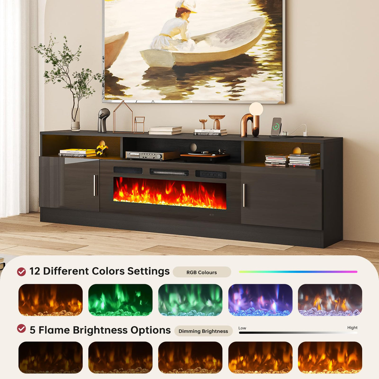 oneinmil 70" Fireplace TV Stand with Power Outlet for TVs Up to 80", Electric Fireplace Entertainment Center with LED Lights & Storage Cabinets, Media Console Table for Living Room, Black oneinmil