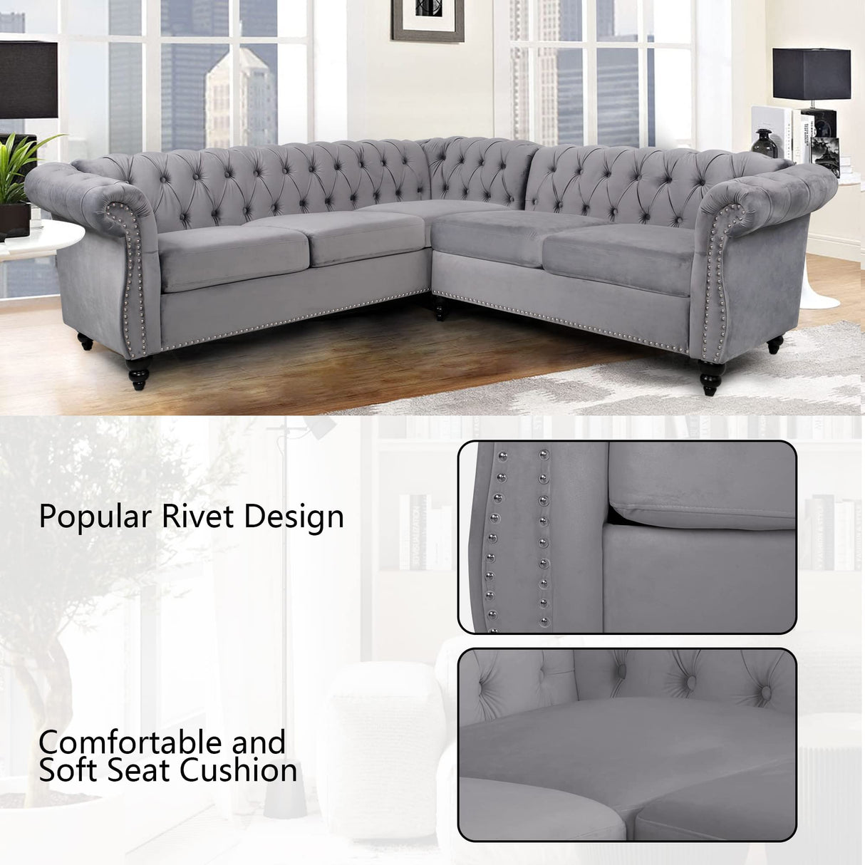 QHITTY L-Shaped Sofa, Sectional Chesterfield Couch 5-Seater Velvet Upholstered Small Accent Tufted Sofa with Rolled Armrest and Nailhead Design for Living Room, Apartment, Office (Grey) QHITTY