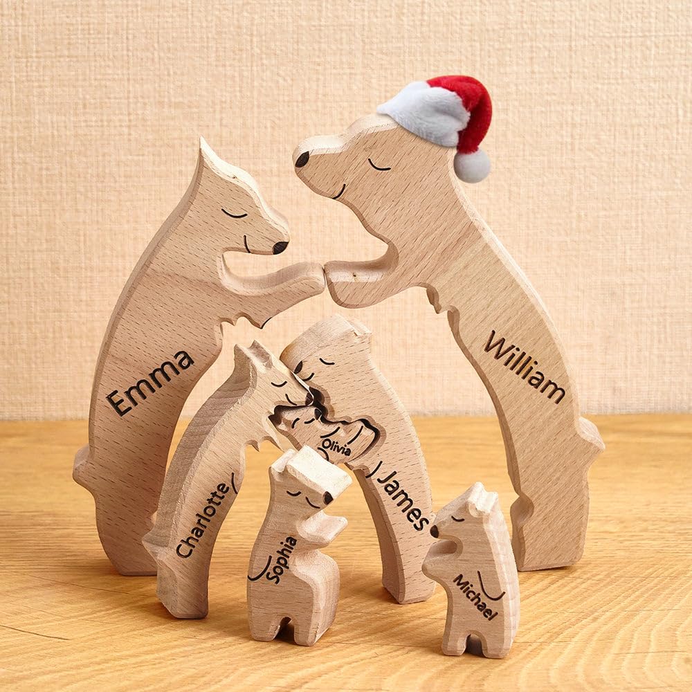 Personalized Wooden Bear Puzzle with Santa Hat and 1-8 Family Name, Custom Family Name Sculpture - Ideal for Christmas, Birthdays, Housewarming - Unique Wooden Decor Gift for Mom and Dad - WoodArtSupply