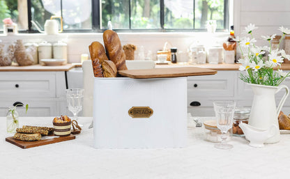 NIKKY HOME Extra Large Space Saving Farmhouse Bread Box With Wood Lid - Holds 2 Loaves - Vertical Breadbox Bread Storage Bin Holder for Kitchen Countertop, White - WoodArtSupply