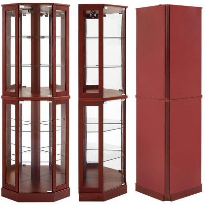 Lighted Curio Cabinet Corner Display Case for Living Room, China Hutch with Tempered Glass Doors and Shelves, Wooden Accent Cabinet, Bar and Liquor Storage Area(E26 light bulb not included) (Cherry)