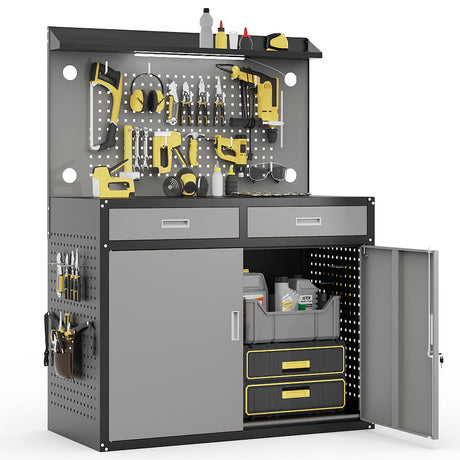 65" Heavy Duty Workbench with Drawers and Lockable Storage Cabinet- 2000 LBS Capacity Work Bench with Pegboard Organiser,Work Table with Adjustable LED Light for Garage,Workshop and Repair Shop Hak