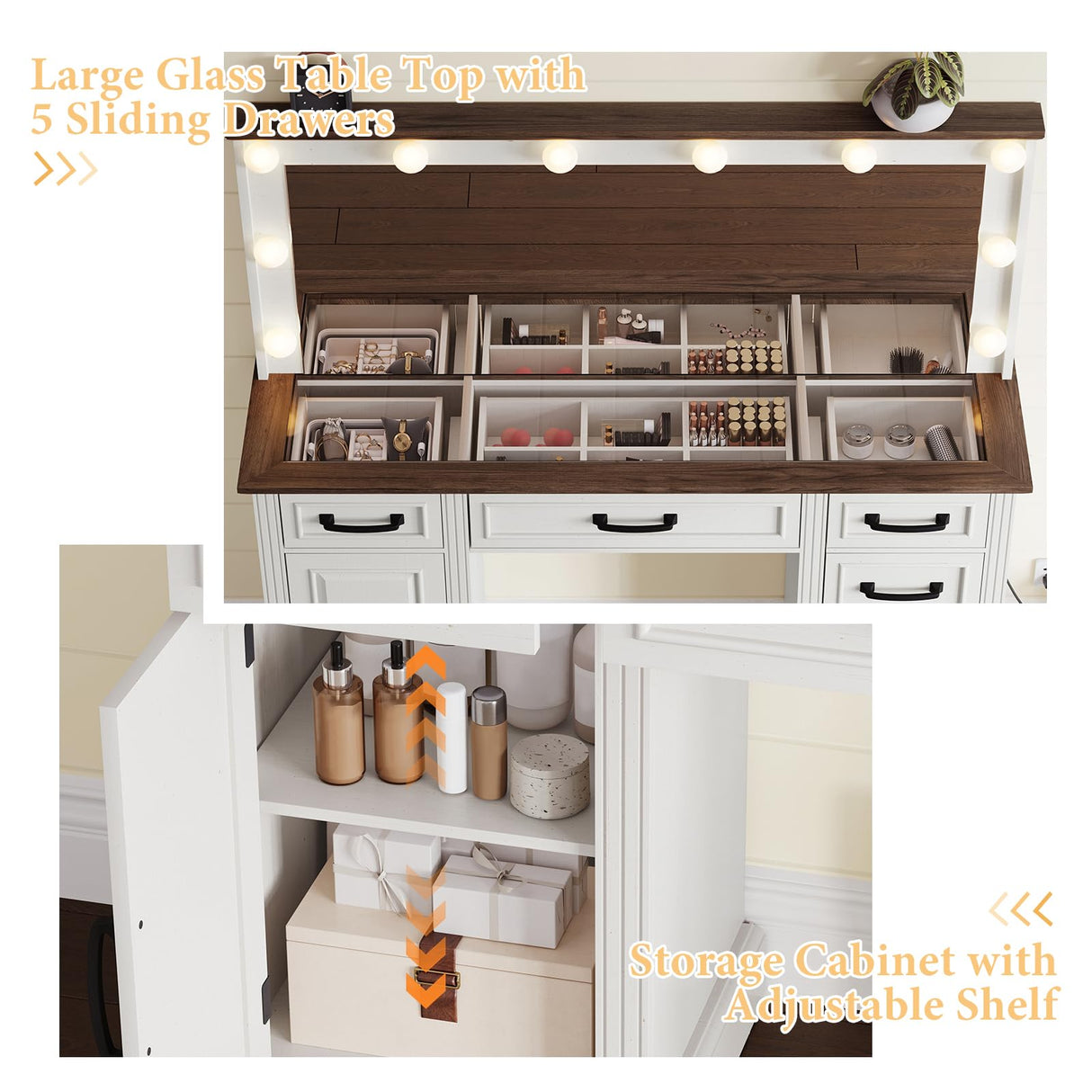 YUMPIE 55”Farmhouse Vanity Desk with Large Mirror & Lights, Glass Top Large Makeup Vanity Table with 10 Hollywood Lights Bulbs, Charging Station, 5 Drawers, Dressing Table for Bedroom, Rustic White YUMPIE