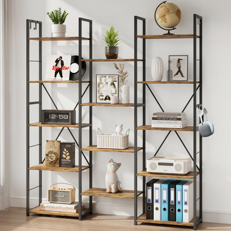 DSNAPE Triple Wide 5 Tier Bookshelf, 67" H Tall Industrial Bookcase with 14 Open Book Shelves, 4 Bonus Hooks and Adjustable Feet, Large Display Storage for Living Room, Office, Rustic Brown DSNAPE