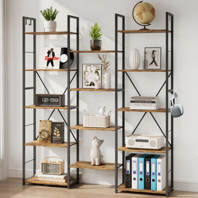 DSNAPE Triple Wide 5 Tier Bookshelf, 67" H Tall Industrial Bookcase with 14 Open Book Shelves, 4 Bonus Hooks and Adjustable Feet, Large Display Storage for Living Room, Office, Rustic Brown