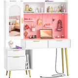 armocity 48'' Makeup Vanity with Hutch, White Bedroom Vanity with Charging Station and LED, Tall Vanity Table with Pegboard, Mirror, 5 Big Drawers & Shelves, Cabinet, Bedroom Dressing Tables, White armocity