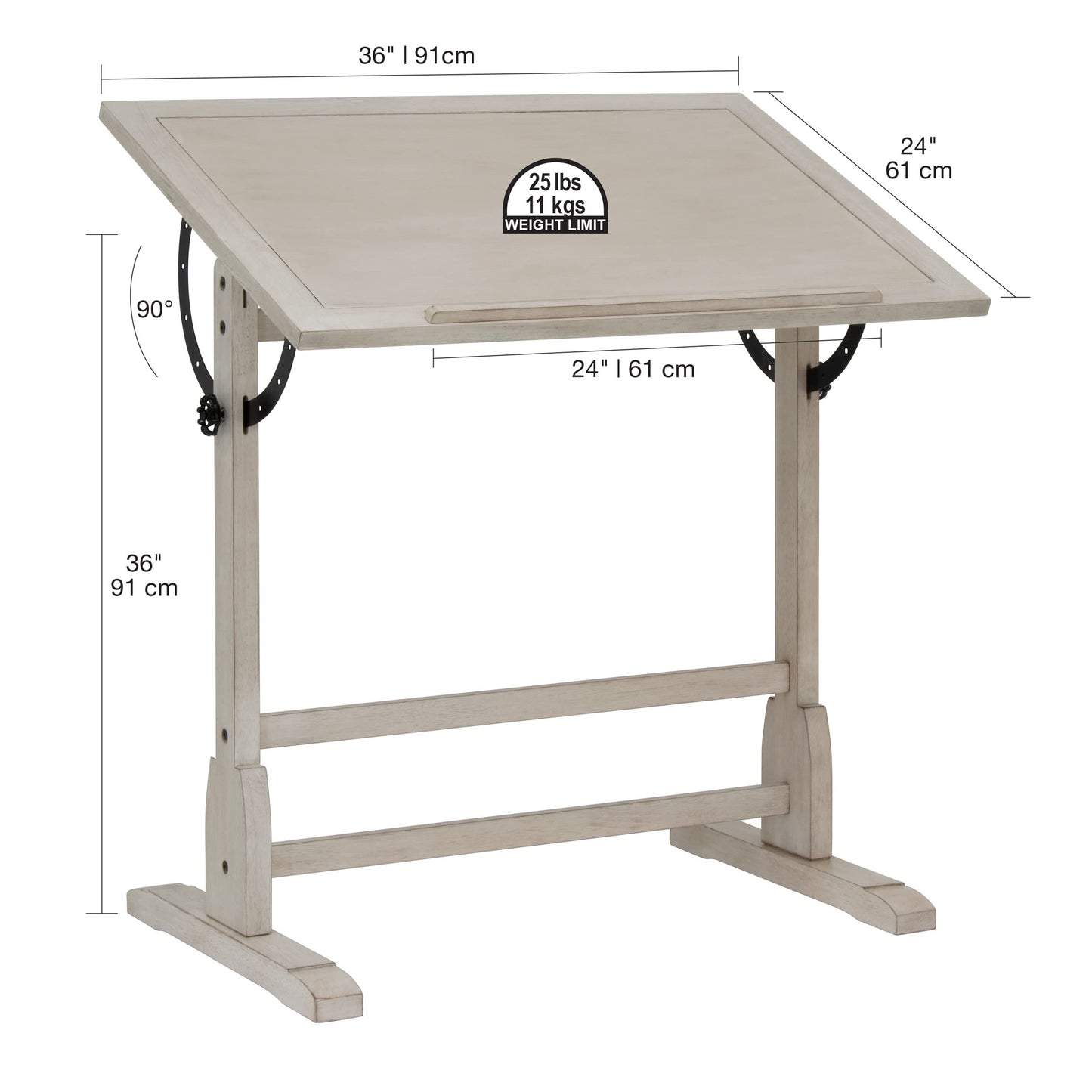 Studio Designs Vintage Drawing/Drafting Table with Pencil Ledge - 36" W x 24" D - Coastal Whitewash - Adjustable Tilting Top - WoodArtSupply